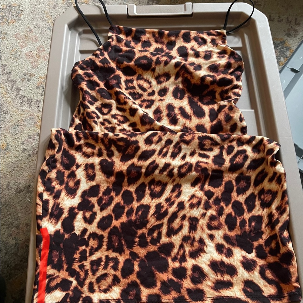 Spaghetti, string, leopard print body con dress